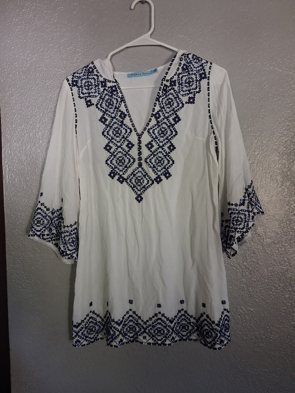 Solitaire Swim White Embroidered V-Neck Women's Coverup Boho S